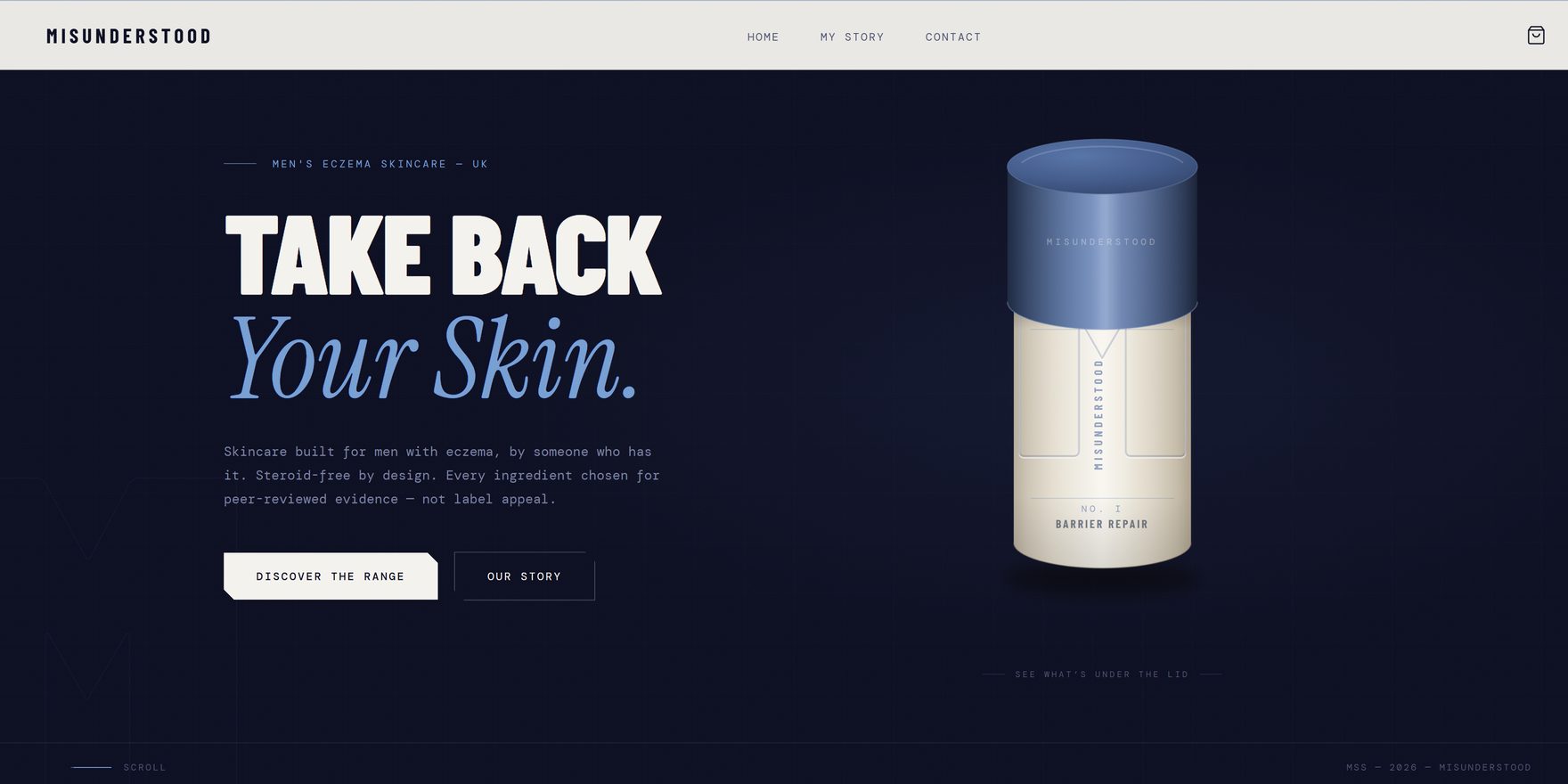 The Misunderstood home page: &ldquo;Take back your skin&rdquo; set large in white and blue over a dark navy ground, beside the No. I Barrier Repair bottle.