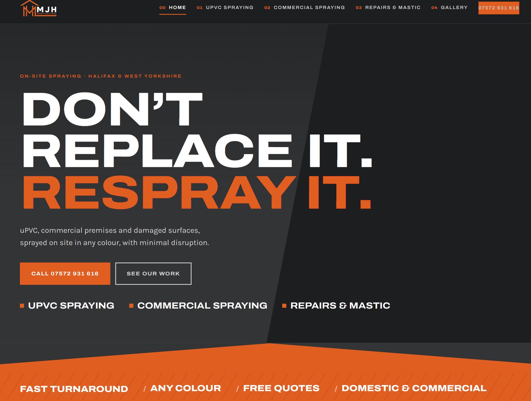 The MJH Spray Solutions home page: &ldquo;Don&rsquo;t replace it. Respray it.&rdquo; set huge in white and orange across an angled charcoal panel.